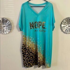 Teal Graphic Dress with Leopard and Gold Accents